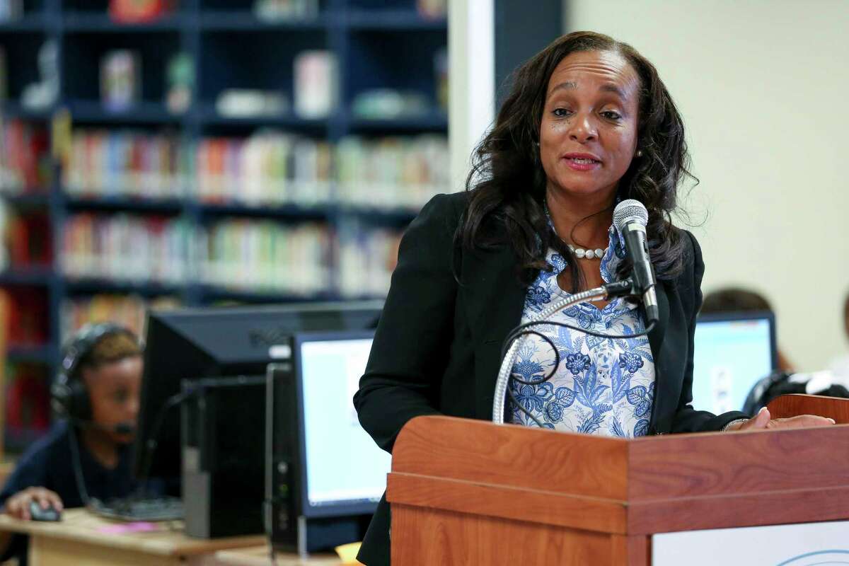 Former Houston ISD Board of Education president Rhonda Skillern-Jones, shown here in August 2018, remained employed with Harris County Precinct 1 for seven weeks after pleading guilty to her participation in a bribery scheme at the district. She also remained on the Houston Community College board of trustees until the day after the U.S. Attorney’s office announced her plea agreement last month.