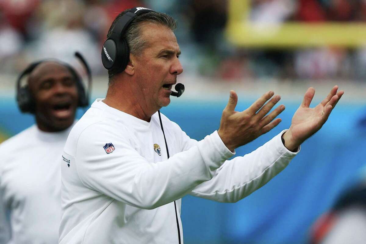 Jacksonville Jaguars head coach Urban Meyer watches from the sidelines during a Nov. 21, 2021, loss to the San Francisco 49ers. The Jaguars fired Meyer overnight in the early morning hours of Thursday, Dec. 16, 2021, after 13 games. (Corey Perrine/The Florida Times Union/TNS)