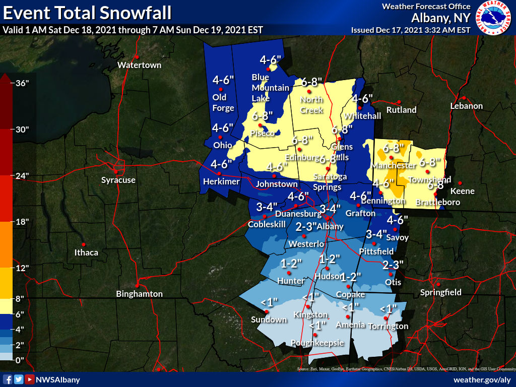6 inches of snow is possible in Bennington and Windham counties, Vermont