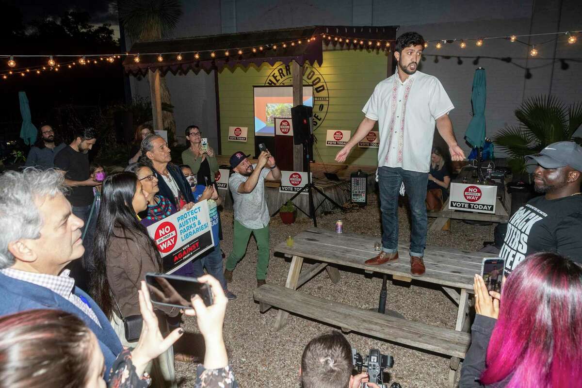 Austin City Council Member Greg Casar speaks to supporters of ?“No Way on Prop A?” campaign as they gather to celebrate the results of the, Tuesday, Nov., 2, 2021 elections at Cherrywood Coffeehouse. Early voting and vote by mail showed results of over 60 percent against the City of Austin Prop A.