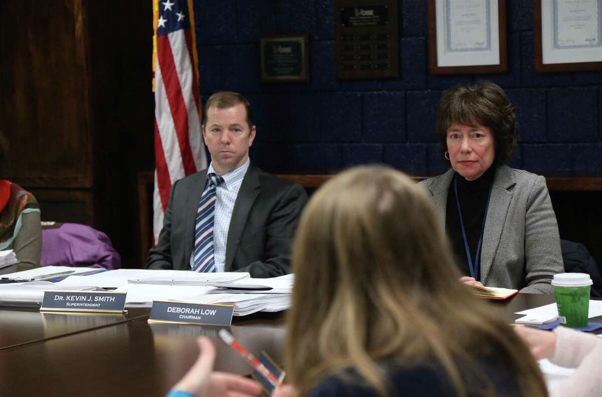Superintendent of School Kevin Smith and Board of Education Chair Deborah Low, pictured here in a prior year’s meeting, listened to demographer Mike Zuba on projections for student enrollment over the next decade.