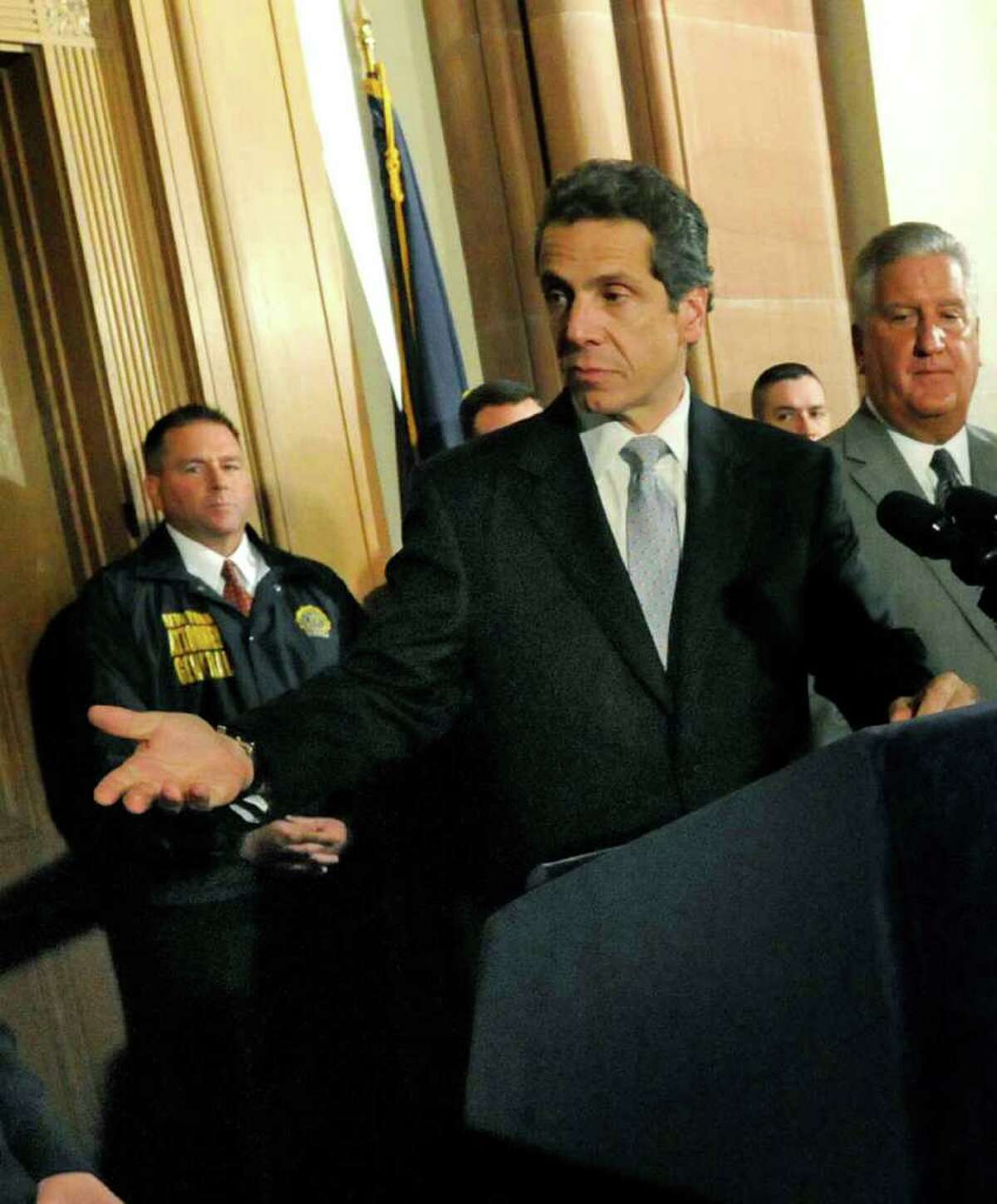 New York State Attorney General and Democratic candidate for governor Andrew Coumo talks during a news conference to announce the details of operation "Blood Trail" at the Capitol in Albany on Wednesday afternoon. (Michael P. Farrell / Times Union)