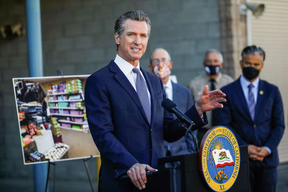 Gov. Gavin Newsom speaks at a press conference to unveil a new public safety effort to combat crime on Dec. 17, 2021 in Dublin, Calif.