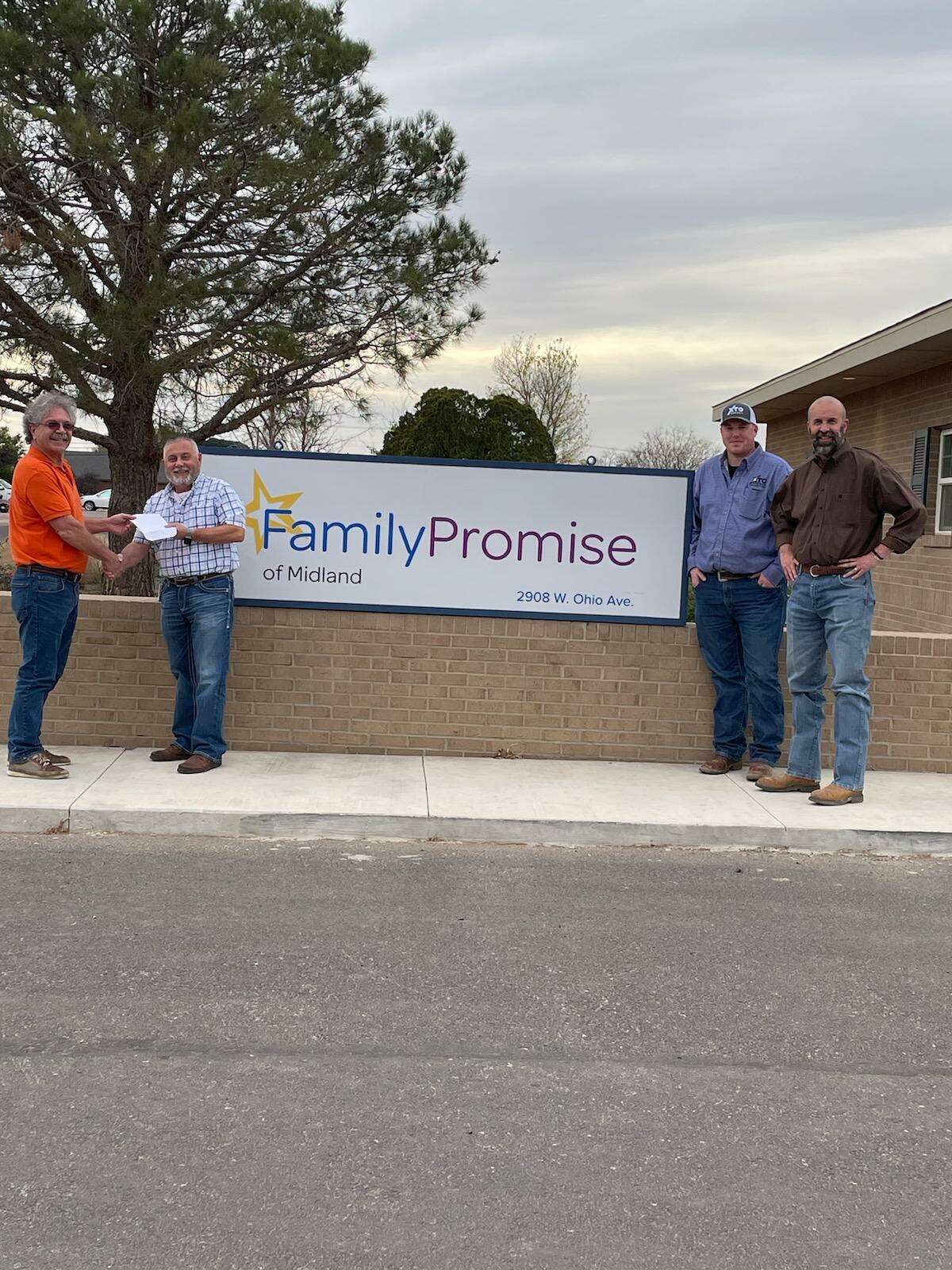 XTO employees present Family Promise of Midland $1,000 from their “No Shave November” fundraising event.  XTO has been a strong supporter of Family Promise for years. In the picture, from left to right, Tom Miller, executive director of Family Promise of Midland, Doyle Lawson, Dustin Rose and Brian Givens XTO employees.