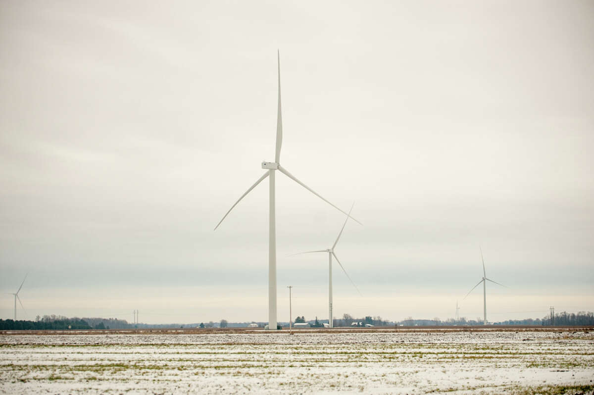 Wind turbines a part of the Meridian Wind Park sit in Mount Haley Township on Dec. 1, 2021.