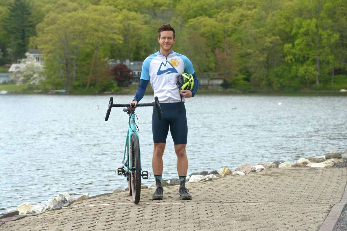 Ben Grannis is biking cross-country in support of the organization TextLess Live More. He hopes to raise awareness of distracted driving. Monday, May 10, 2021. Ridgefield, Conn.