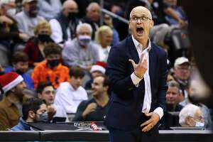 Coach Dan Hurley of the Connecticut Huskies reacts during the second half of a game against the St. Bonaventure Bonnies in the Never Tribute Classic at Prudential Center on Dec. 11, 2021 in Newark, N.J. Connecticut defeated St. Bonaventure 74-64.