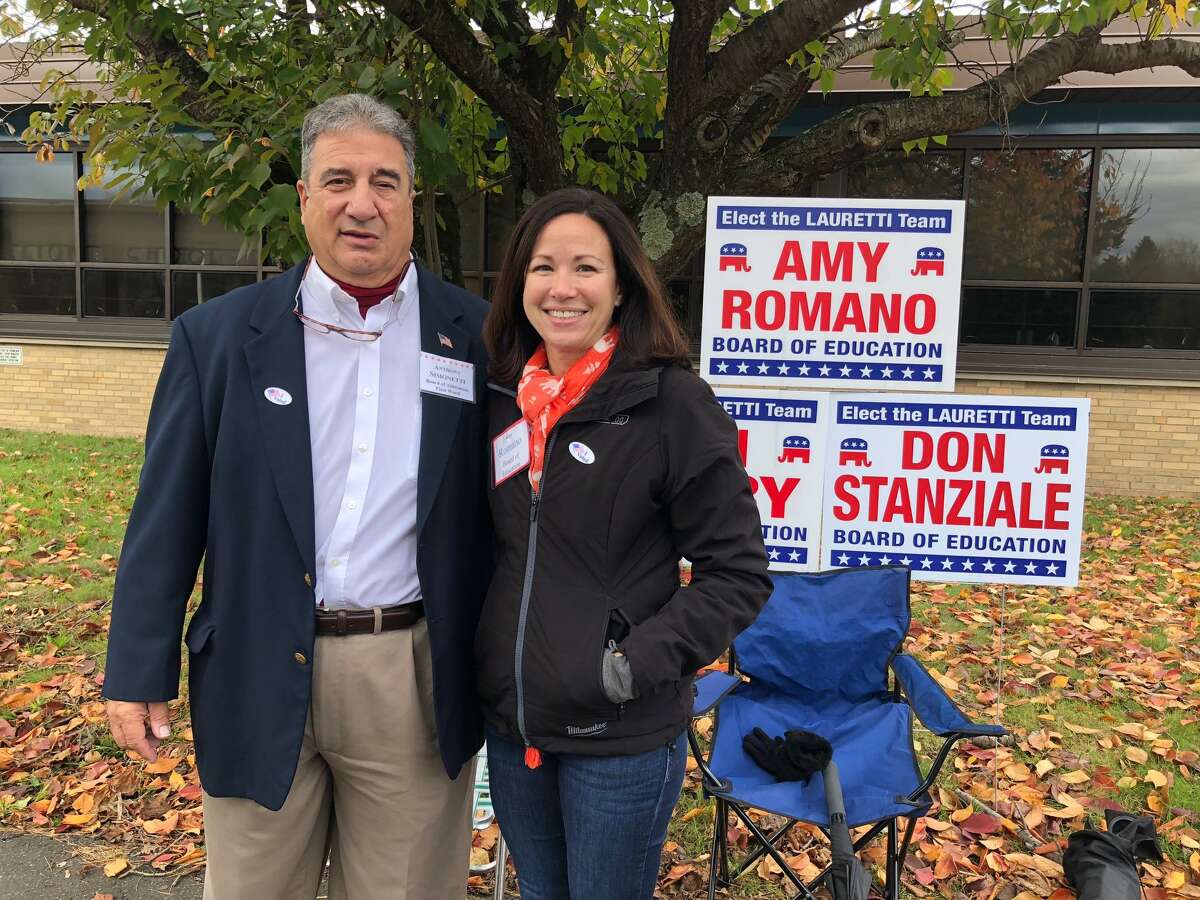 Anthony Simonetti, seeking re-election to the Board of Aldermen's First Ward, with Republican Board of Education hopeful Amy Romano at Elizabeth Shelton School on Election Day, Nov. 5.