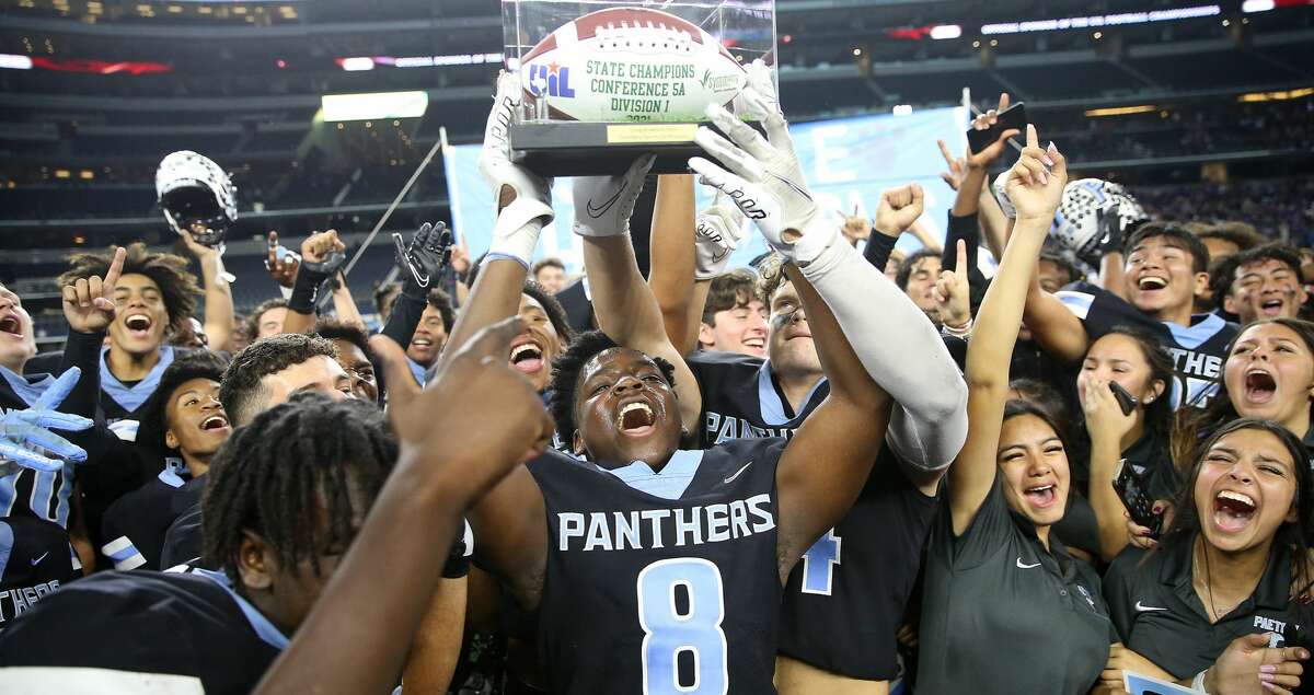 Katy Paetow Panthers celebrate their overtime win against College Station Cougars for 5A Division I State Championship game at AT&T Stadium in Arlington on Friday, Dec. 17, 2021.