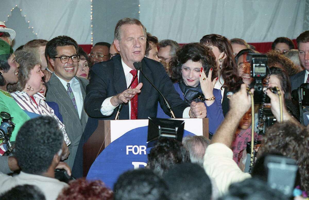 Houston mayoral candidate Bob Lanier and wife, Elyse, at an election night party at the Westin Oaks Hotel, Dec. 7, 1991. Lanier defeated Sylvester Turner in the runoffs.