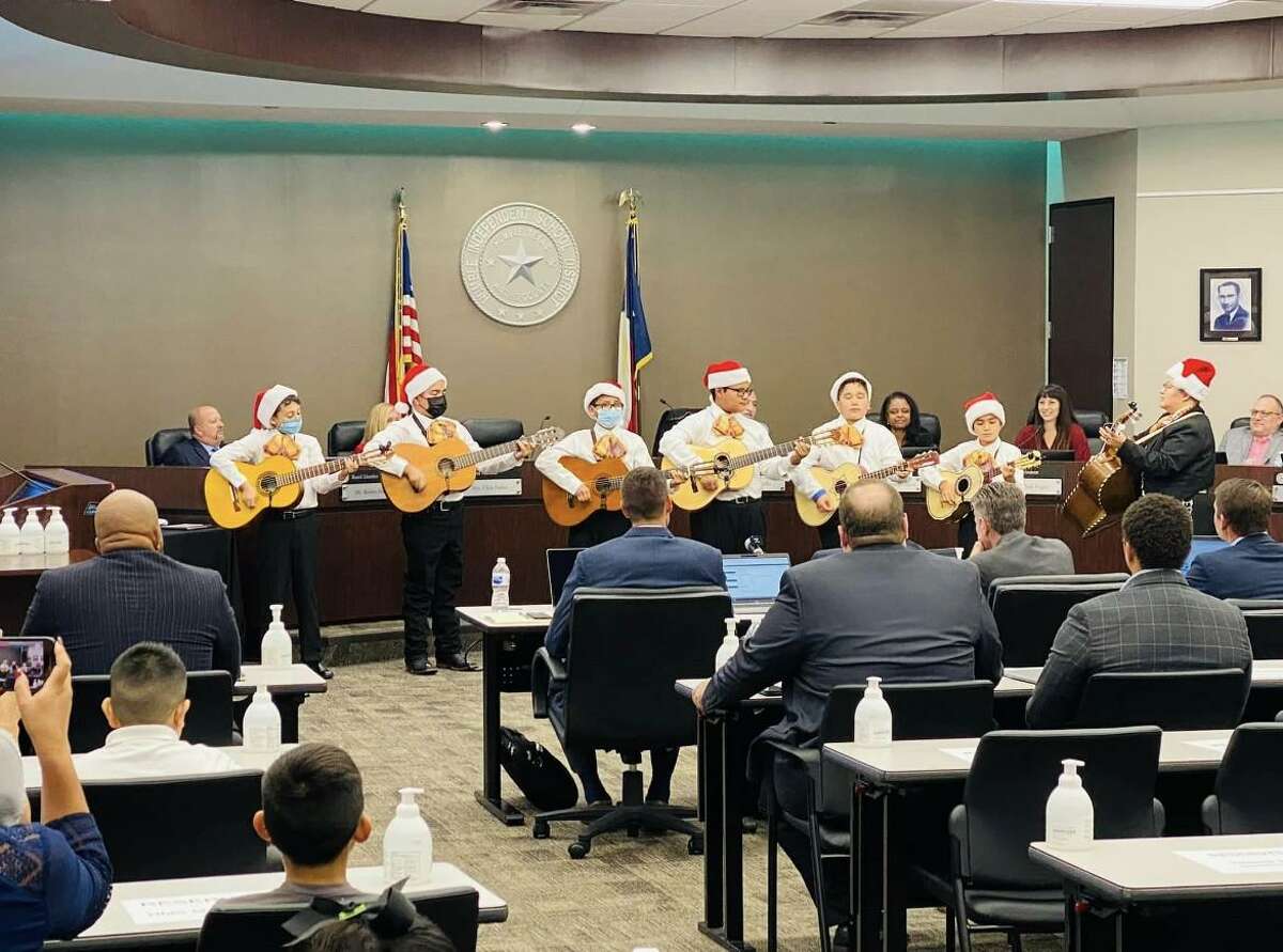 Humble ISD school board meeting took a festive turn when they were entertained by a mariachi band from their own schools. It was the last board meeting for the year.