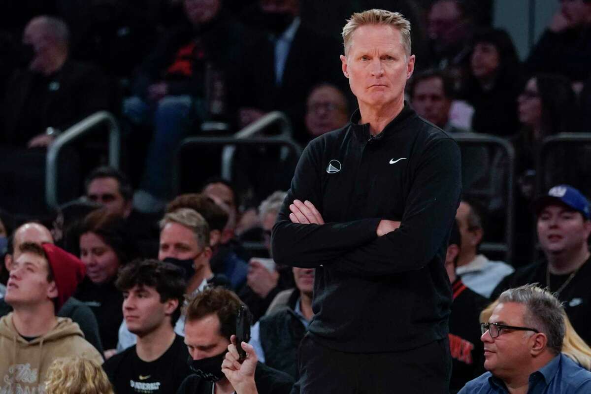 Golden State Warriors head coach Steve Kerr during the first half of an NBA basketball game against the New York Knicks, Tuesday, Dec. 14, 2021, at Madison Square Garden in New York. (AP Photo/Mary Altaffer)