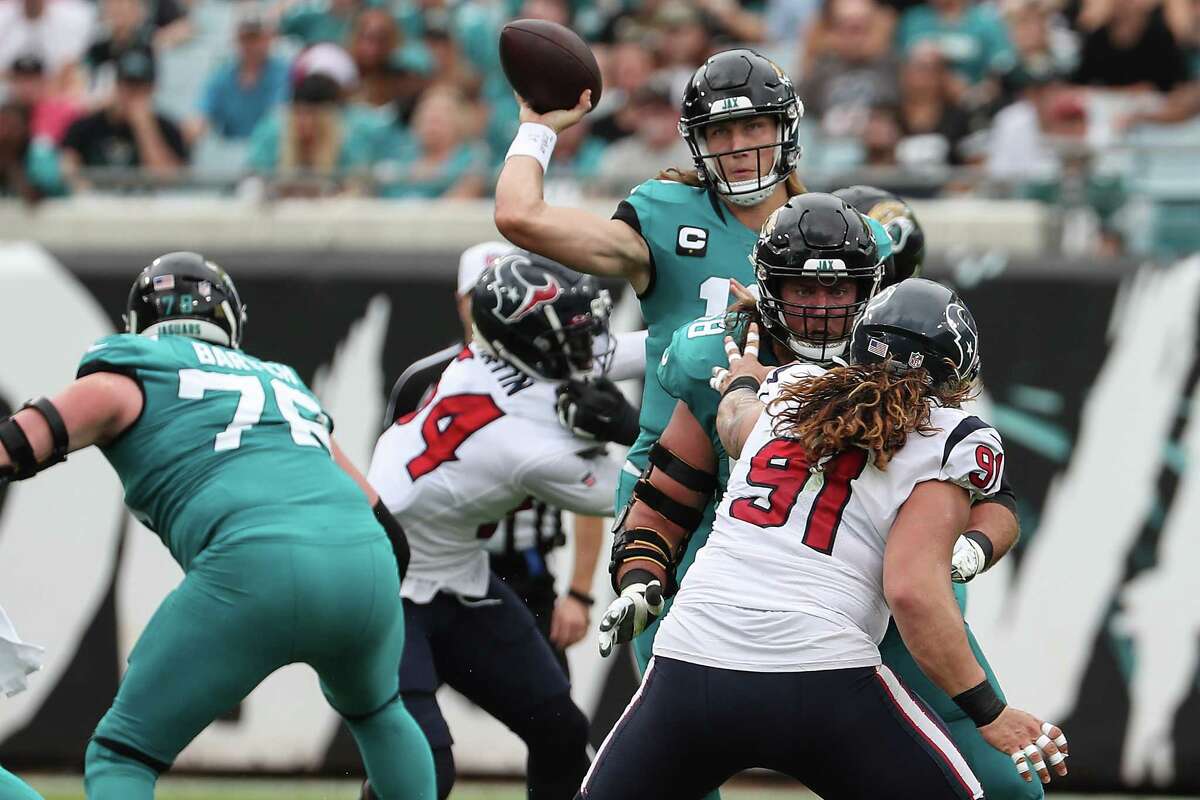 Portrait of Houston Texans linebacker Chris Smith (92) during the first  half of an NFL football game against the Jacksonville Jaguars, Sunday, Dec.  19, 2021, in Jacksonville, Fla. Texans defeated the Jaguars