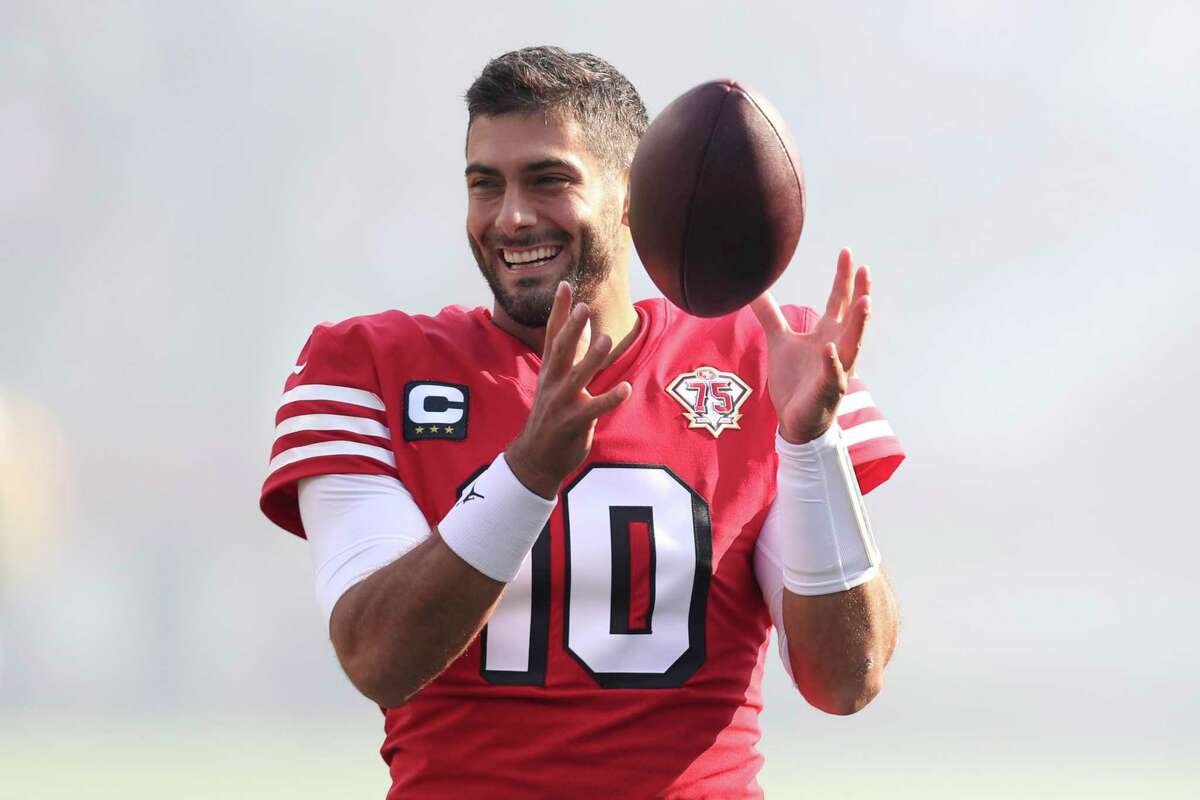 Santa Clara, California, USA. 19th Jan, 2020. San Francisco 49ers  quarterback Jimmy Garoppolo (10) and fullback Kyle Juszczyk (44) pregame on  Sunday, January 19, 2020, at Levis Stadium in Santa Clara, California.