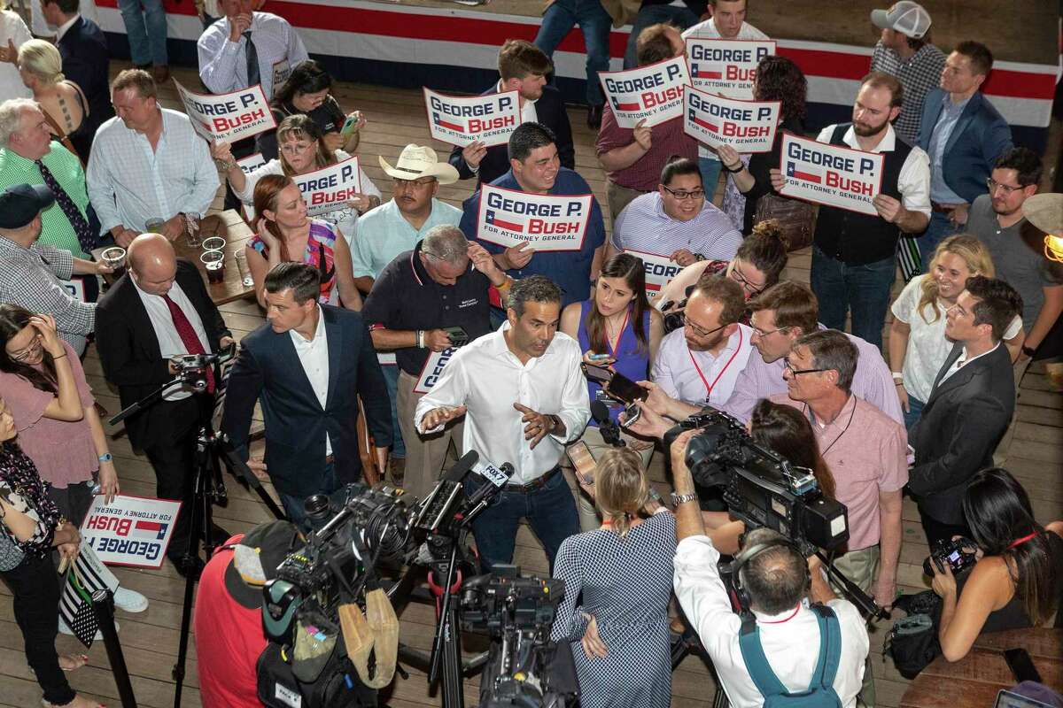 Texas Land Commissioner George P. Bush speaks with members of the press during rally to begin his campaign for attorney general at Buford?•s Backyard Beer Garden in downtown Austin, Wednesday, June 2, 2021.(Stephen Spillman / for Express-News)