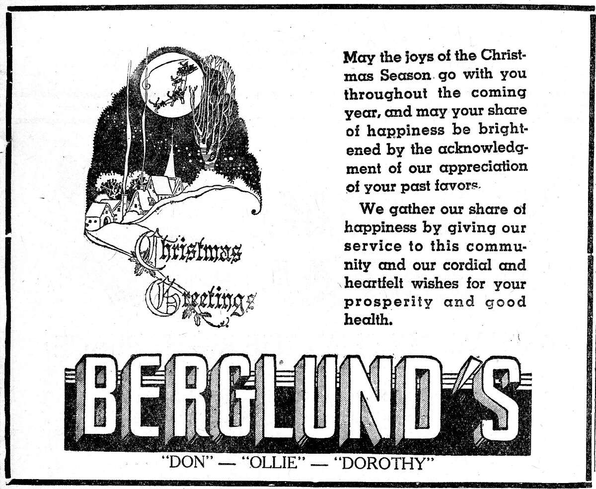This image depicts a holiday advertisement for Berglund’s Drug Store formerly located at 401 River St.