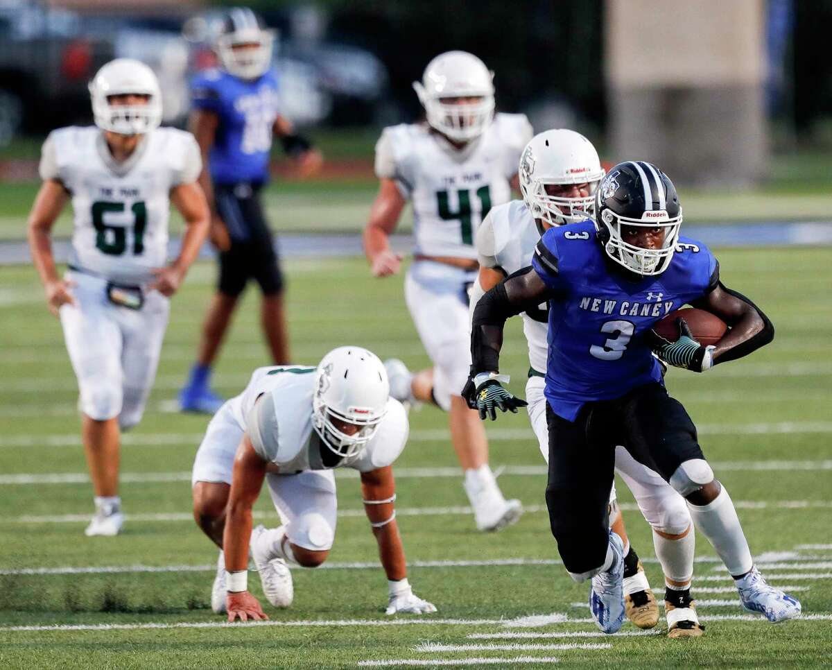 New Caney running back Kedrick Reescano (3) breaks free for a 41-yard gain during the second quarter of a high school football game at Randall Reed Stadium, Friday, Sept. 3, 2021, in New Caney.