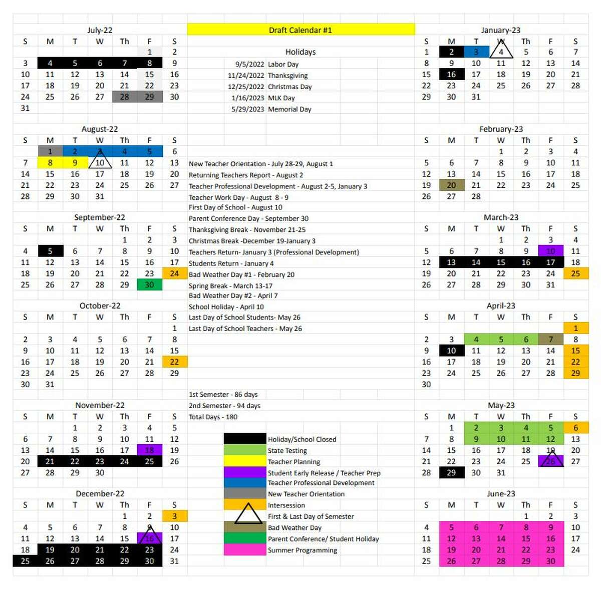 Midland ISD school calendar draft 1.