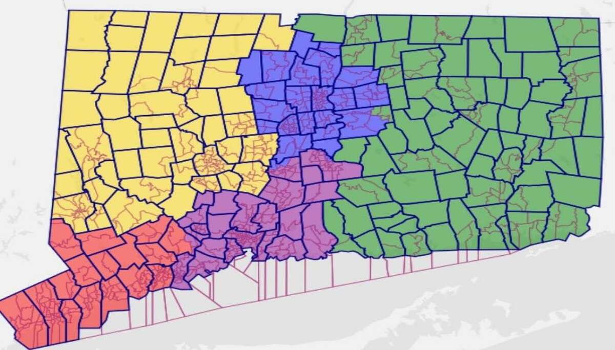 The proposed congressional map of Connecticut by CT Republicans would eliminate the so-called lobster claw of the 1st District. Pictured here is the proposal, which moves New Britain and the Farmington Valley into the 1st District and Bristol and six northern towns into the 5th.