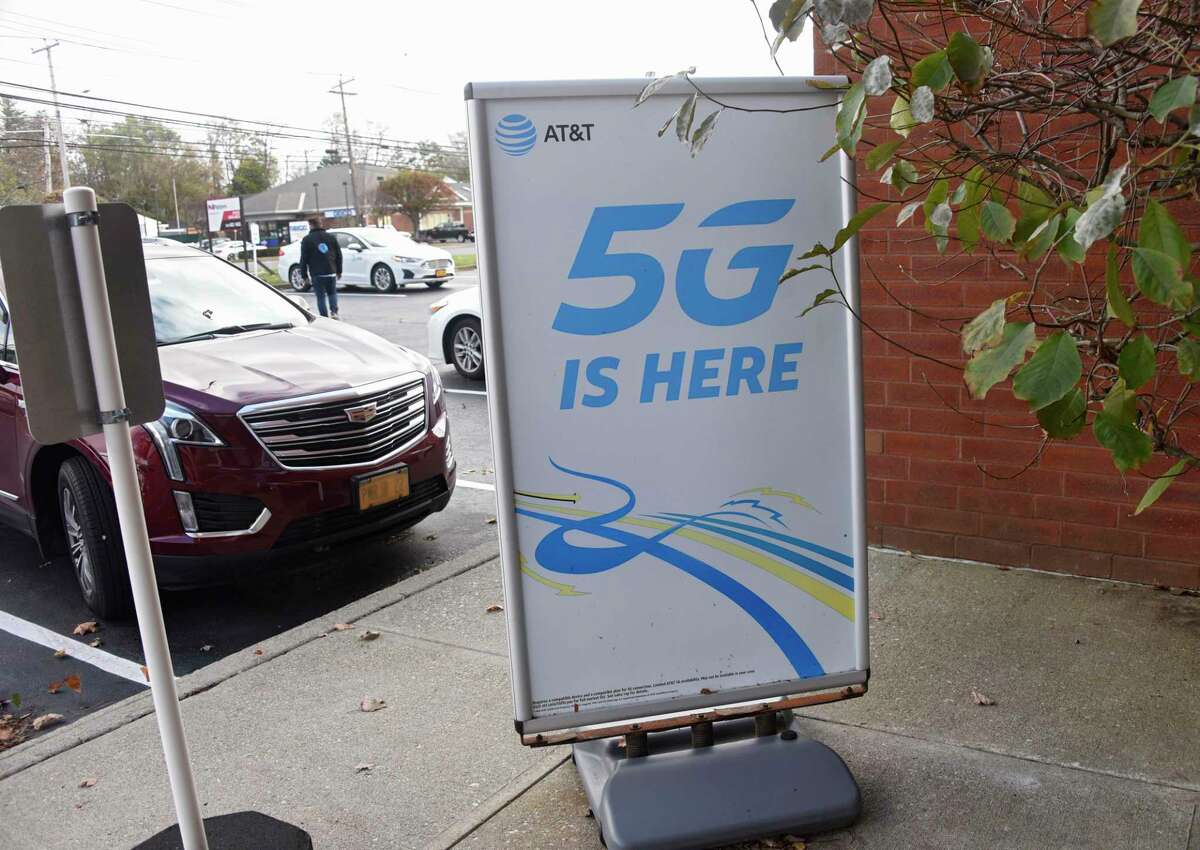 The AT&T Store on Central Ave. displays signs advertising 5G on Monday, Nov. 2, 2020 in Albany, N.Y. (Lori Van Buren/Times Union)