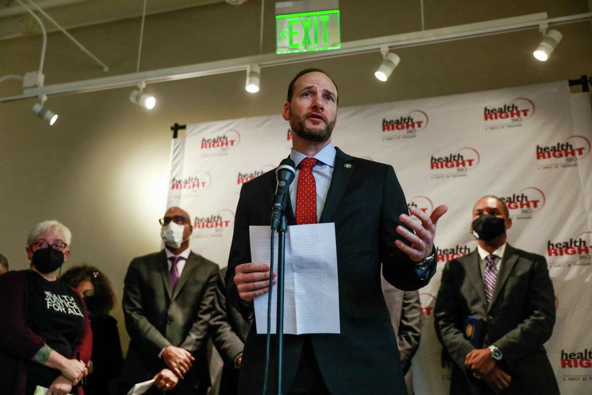 San Francisco District Attorney Chesa Boudin speaks during a press conference in protest of Mayor London Breed’s plan for more policing and enforcement of laws that could affect drug users in the Tenderloin neighborhood on Monday, Dec. 20, 2021 in San Francisco, California.
