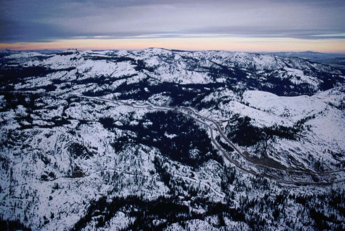 Snow covers the Sierra Nevada mountain range at Donner Pass, the pass named for the ill-fated Donner Party that was stranded over the winter of 1846-1847 en route to the Sacramento Valley. 