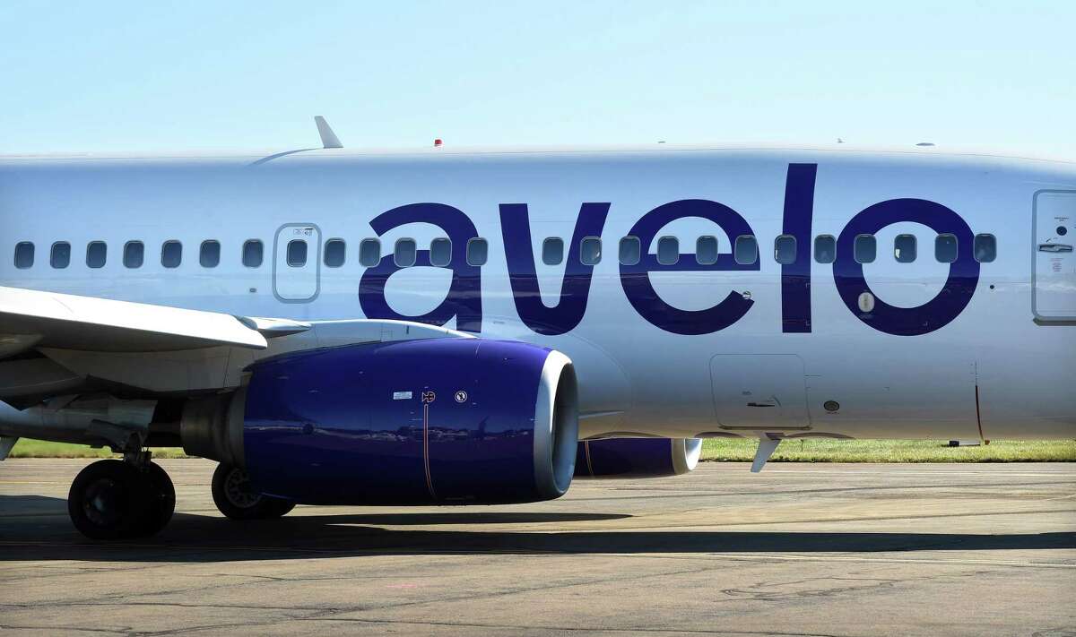An Avelo Airlines plane prepares to take off on the airline's inaugural flight from Tweed New Haven Regional Airport to Orlando on November 3, 2021.