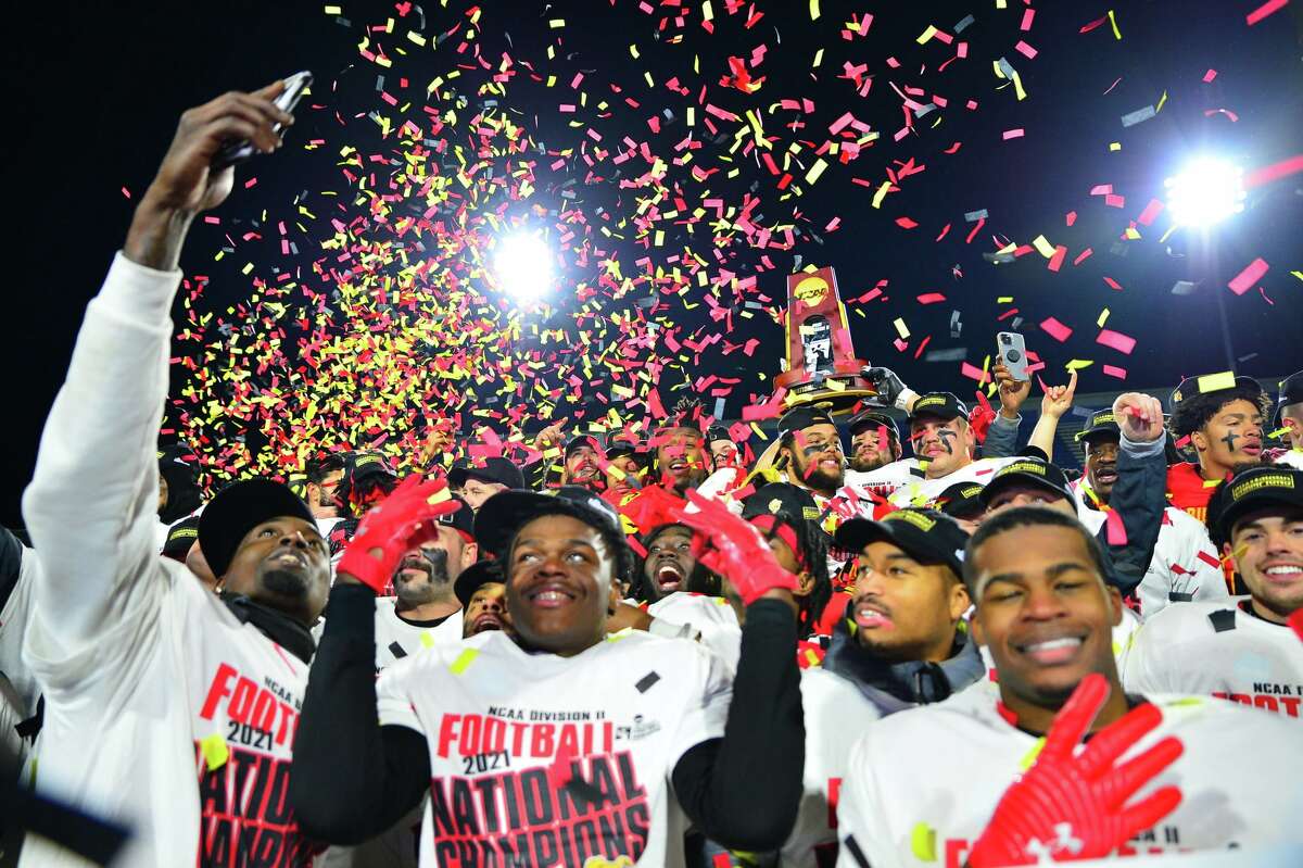 Ferris players celebrate the national title on Saturday.