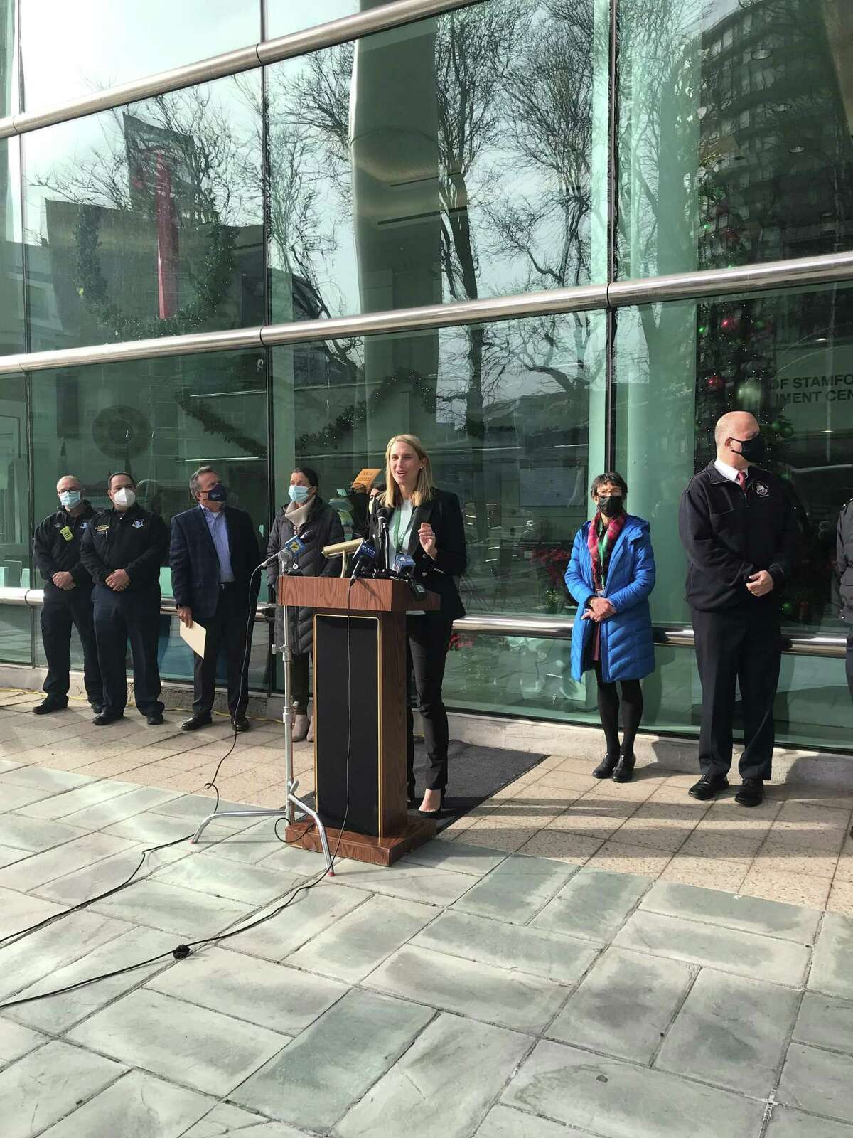 Stamford Mayor Caroline Simmons speaks about reinstating a citywide mask mandate during a press conference Tuesday, Dec. 21, 2021, at the Stamford Government Center.