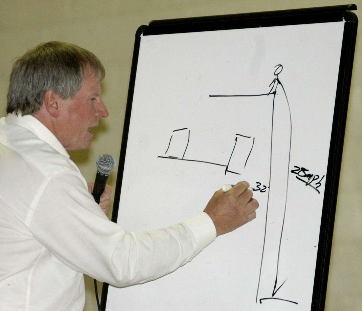 Survive the Drive founder and riving instructor Bob Green offers a telling sketch to bring home a point about the impact of auto collisions during "Survive The Drive," held in Sherman in 2012. Green announced this week that his nonprofit organization is closing down.