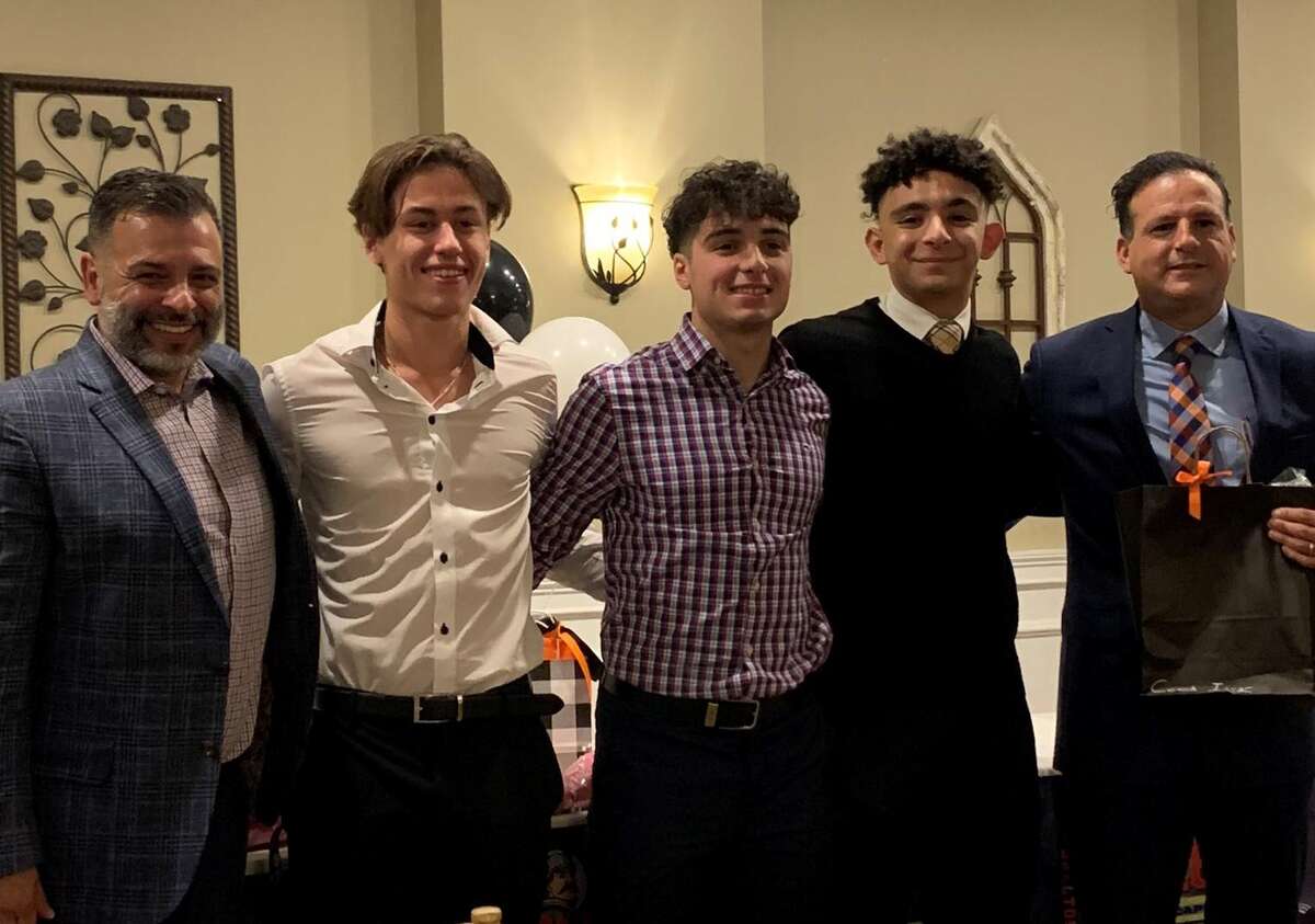 The Shelton boys’ soccer team was feted with a year-ending banquet. Above are assistant coach Augie Sevillano, captain Landon Stevens, captain Matthew Moura Sanchez, captain Sami Sobh and coach Isaac Montalvo.