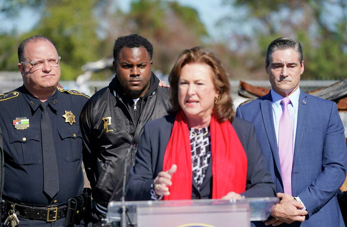 Alan Rosen, Harris County Precinct 1 Constable, Damien House, Harris County District Attorney Kim Ogg, and Sean Teare, Chief of the Harris County District Attorney's Office Vehicular Crimes Division, right, are shown during a media conference about curbing driving while intoxicated offenses.