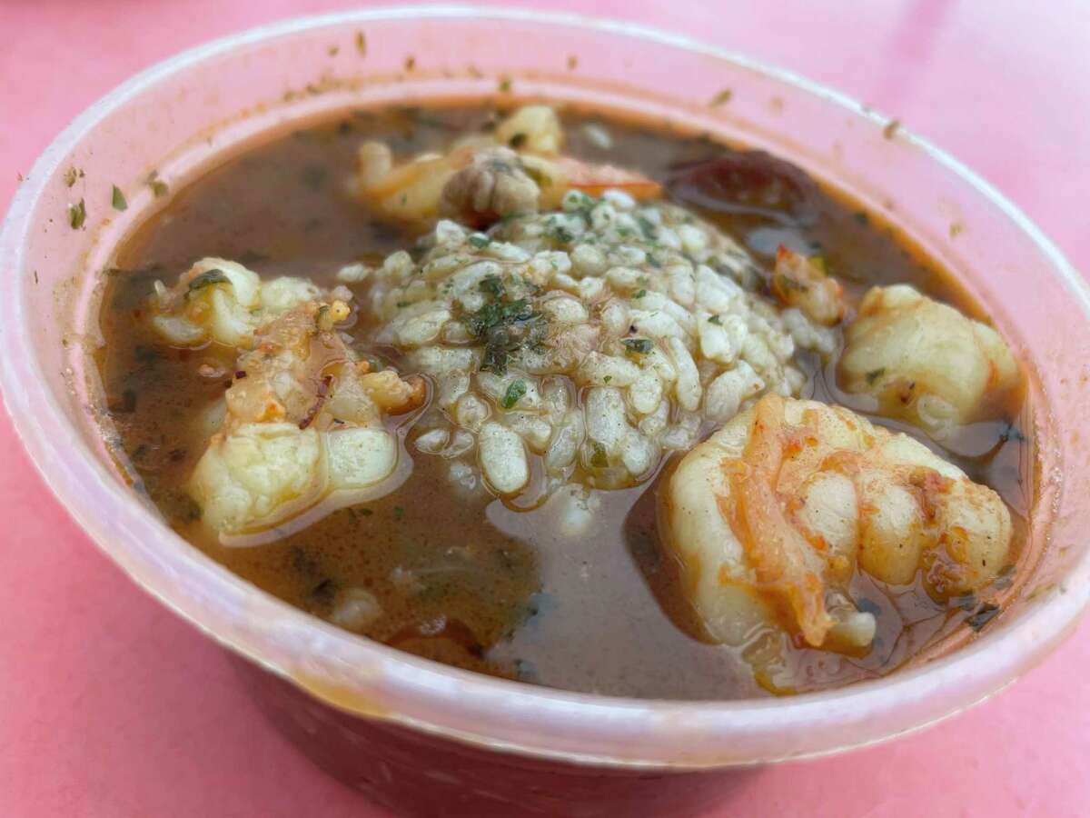 A cup of gumbo with the recommended shrimp add-on at Sauce's Southern Kitchen Cajun & Creole Cuisine is one of the best in the city.