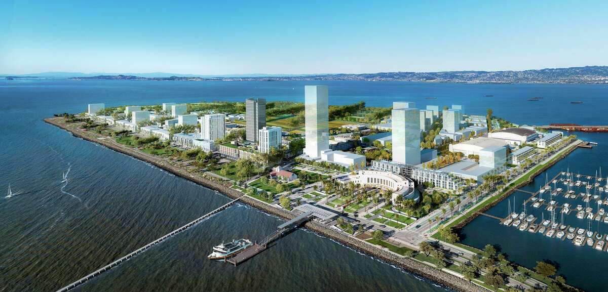 Treasure Island Community Development has started construction on a new ferry terminal on the western shore of Treasure Island that will connect to San Francisco’s Financial District. Work has begun on a ferry terminal, bottom center, depicted in this rendering of the fully developed Treasure Island.