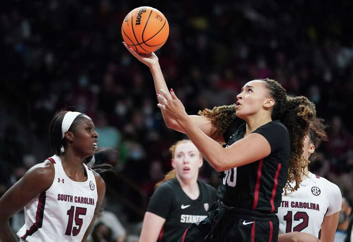 Stanford guard Haley Jones shoots against South Carolina forward Laeticia Amihere (15) during the first half of their game in Columbia, S.C. Jones scored 11 points.