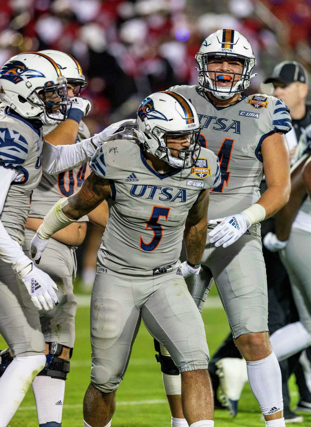 UTSA running back Brenden Brady celebrates Tuesday, Dec. 21, 2021, during the first half of the Tropical Smoothie Cafe Frisco Bowl in Frisco, Texas after scoring UTSA's second touchdown.