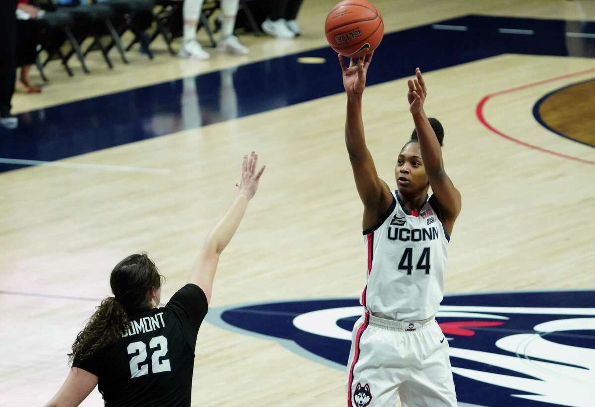 UConn’s Aubrey Griffin (44) shoots against Butler in the first half at Harry A. Gampel Pavilion in Storrs in January.