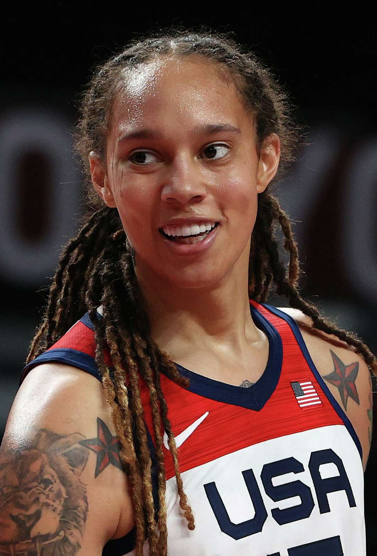 SAITAMA, JAPAN - AUGUST 06: Brittney Griner #15 of Team United States looks on against Serbia during the second half of a Women's Basketball Semifinals game on day fourteen of the Tokyo 2020 Olympic Games at Saitama Super Arena on August 06, 2021 in Saitama, Japan.