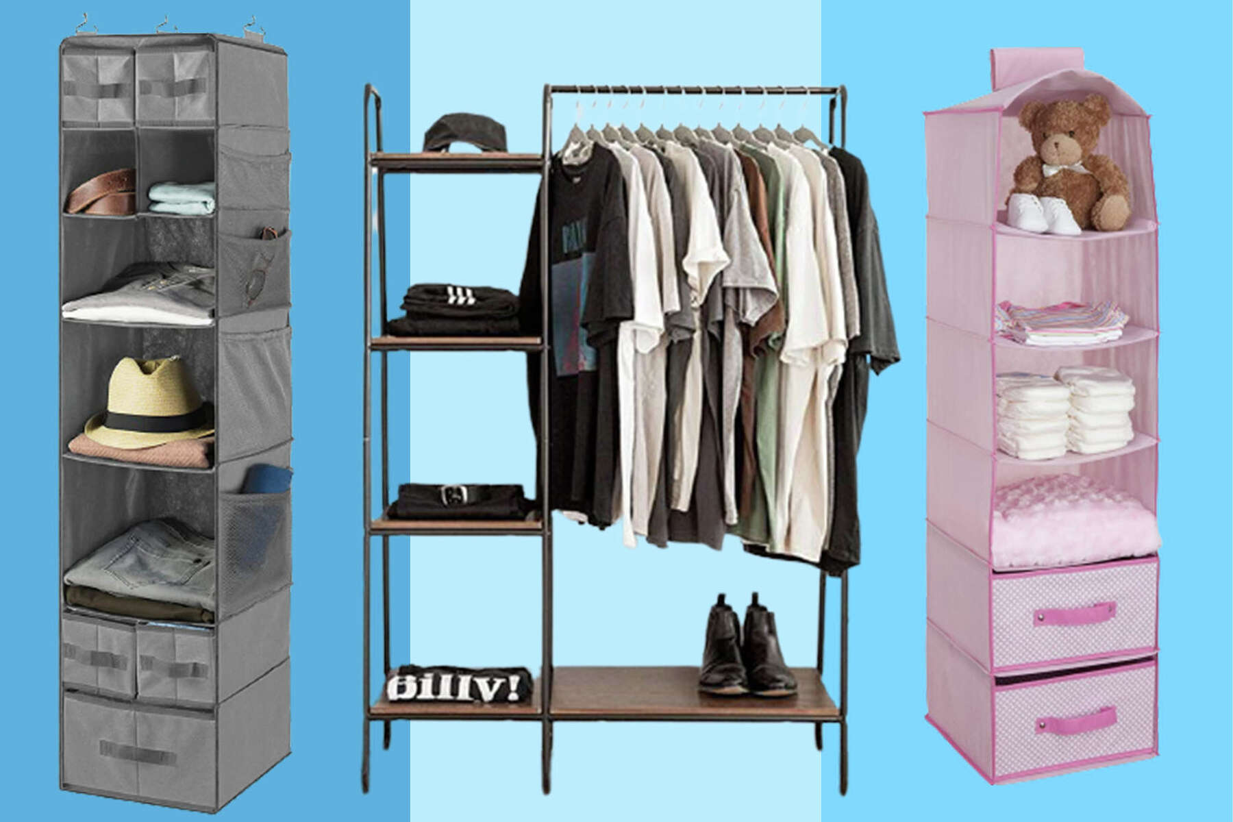 Smirly Hanging Closet Organizer Shelves. Grey 6 Shelf Closet Storage with 5 Clothes Organizer Drawers and Purpose Made