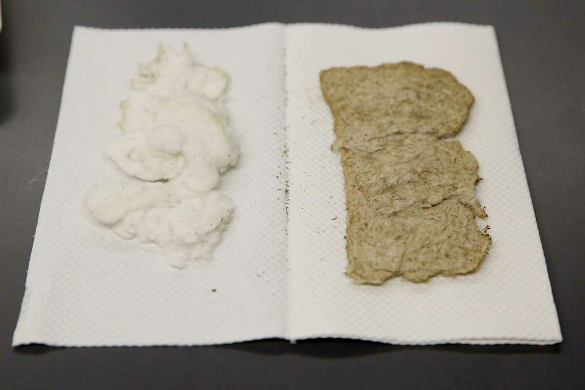 Sample of cotton, left, and cotton combined with dried powdered water hyacinth are seen in a lab at Texas State University, Thursday, Dec. 16, 2021. Civil engineer senior Jamie Hand, 22, of Houston is working with Associate Professor San Hwang in using the invasive water hyacinth as material for menstrual products for women.