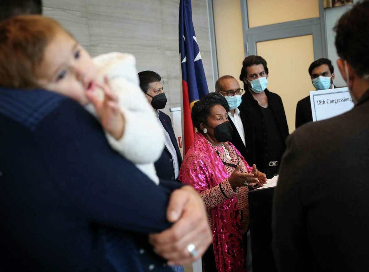 Congresswoman Sheila Jackson Lee leads a press conference about a $100,000 donation to Afghan refugee families Wednesday, Dec. 22, 2021, at the George Thomas “Mickey” Leland Federal Building in Houston.
