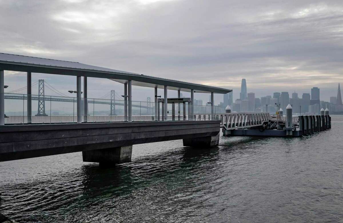 The Bay Bridge and city skyline are visible from the new ferry terminal on Yerba Buena Island in San Francisco.