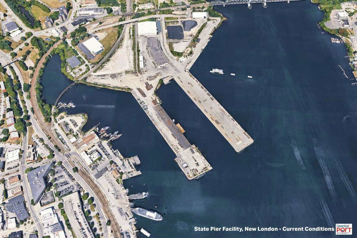 The State Pier in New London as it currently exists. The renovation of the site includes the filling in of the central wharf between the two existing piers, adding space to handle the massive equipment used to assemble offshore wind turbines.