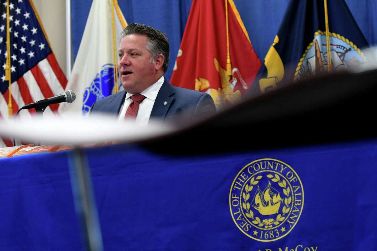 Albany County Executive Dan McCoy, Dec. 23, 2021, during a press conference at the county offices in Albany, N.Y.
