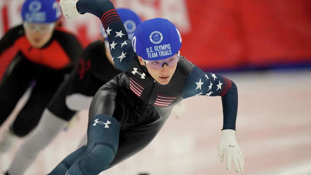 Kristen Santos competes in the 500-meter quarterfinals during the U.S. Olympic short track speedskating trials on Sunday in Kearns, Utah.