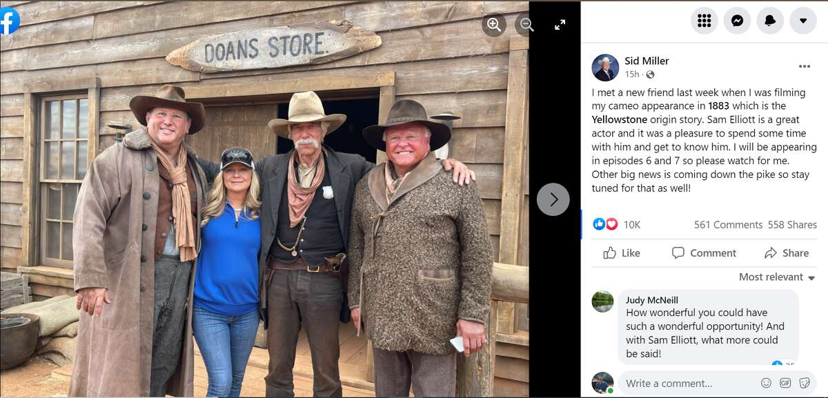Texas Agriculture Commissioner Sid Miller will make a cameo appearance on “1883,” a new cowboy series premiering on Paramount Network. Here he stands to the right of the show's star, Sam Elliott.