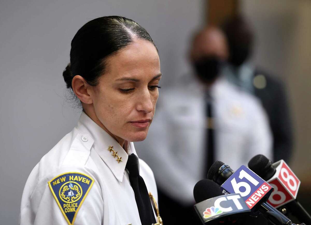 Interim New Haven Police Chief Renee Dominguez pauses while answering questions at a press conference announcing her decision to withdraw from consideration for the position of police chief at the New Haven Police Department on December 10, 2021.