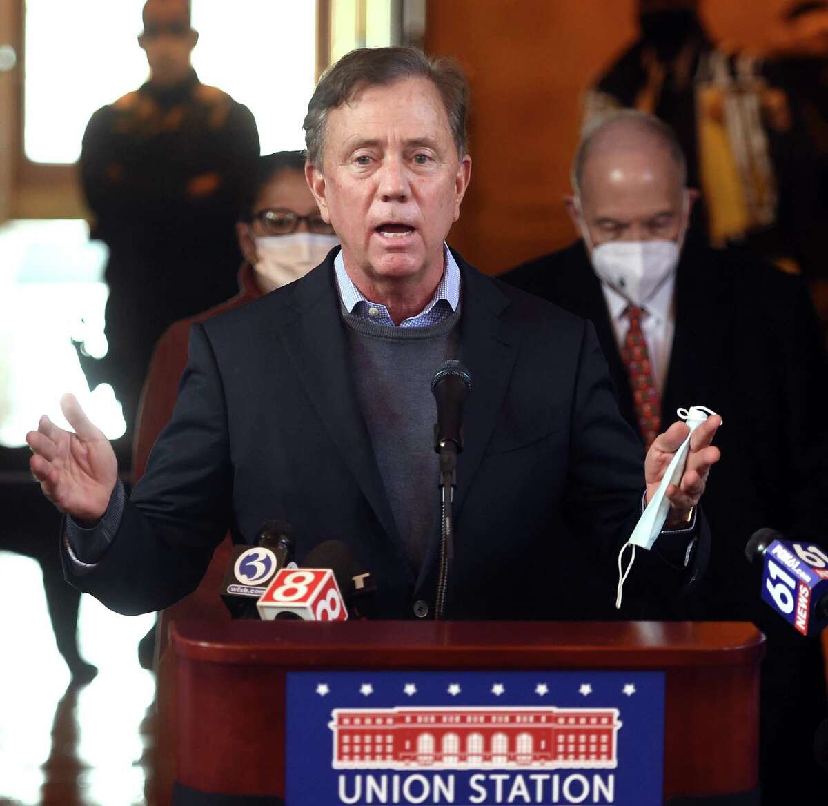 Gov. Ned Lamont speaks at a press conference before the signing of a lease for a partnership agreement for Union Station and State Street Station in New Haven on December 21, 2021.