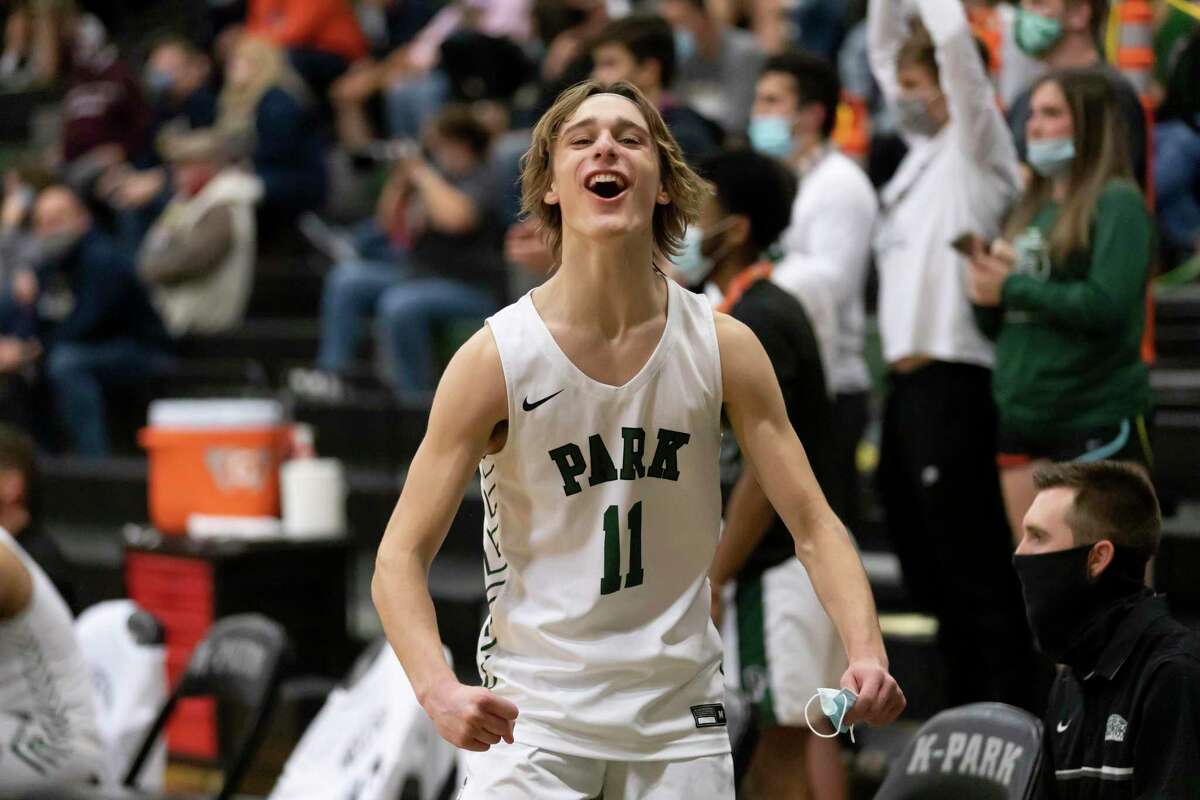 Kingwood Park Jack Keller (11) react after they win against Lake Creek in District 20-5A boys basketball game at Kingwood Park High School, Wednesday, Jan. 27, 2021 in Kingwood.