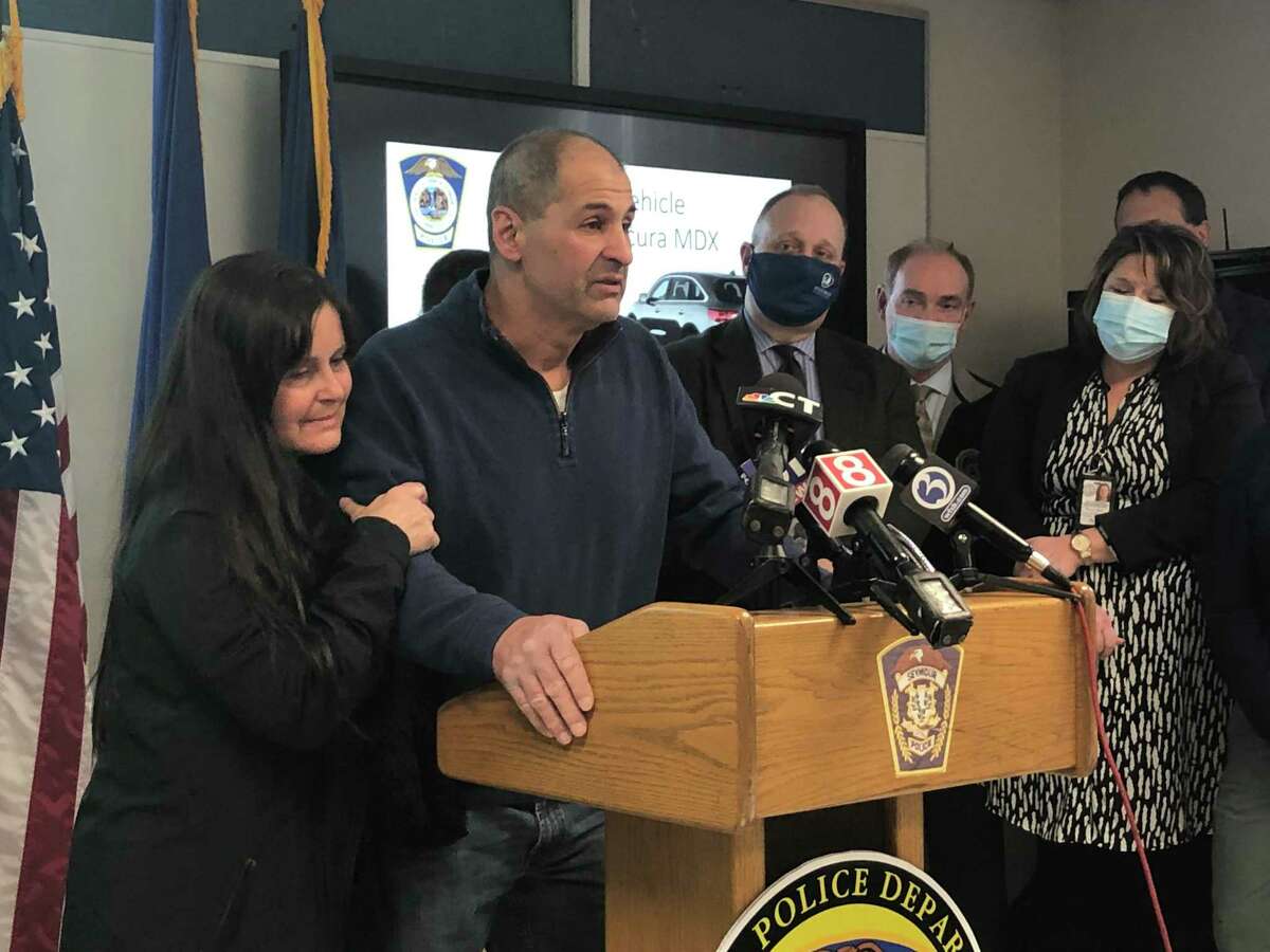 Kenneth Tamborra, the son of an elderly Shelton couple killed in a hit-and-run crash in Seymour Dec. 10, speaks at a press conference Dec. 23 announcing the arrest of a suspect in the case.